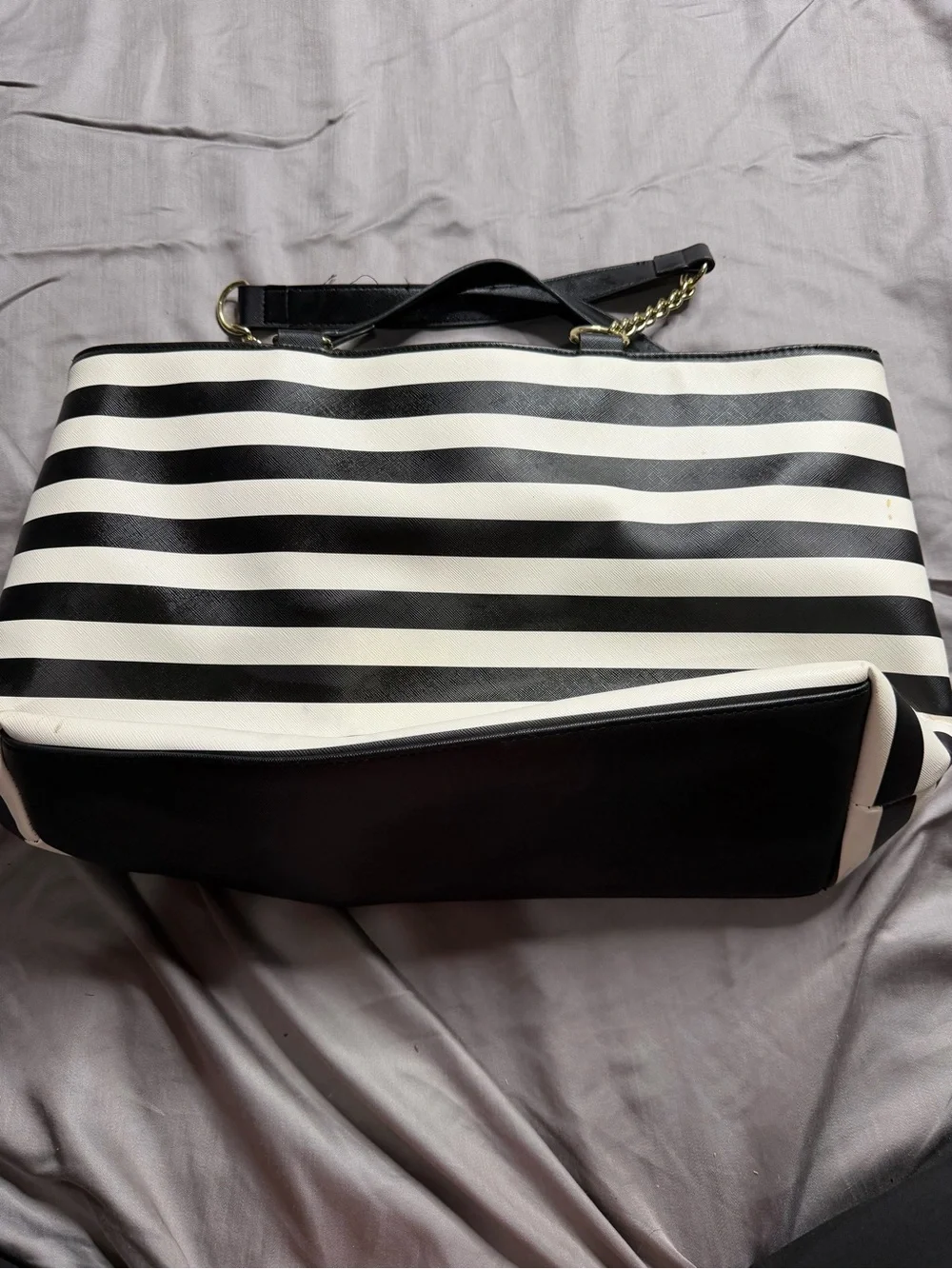 Betsey Johnson Black & White Striped Tote with Lavender Bow Print